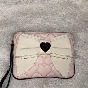 Betsey Johnson Heart Quilted Pink Clutch with Cream Bow